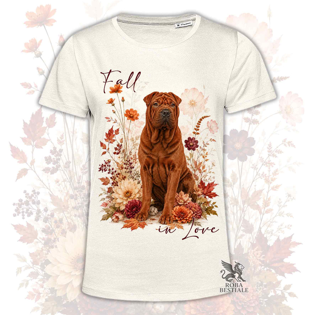 Maglietta bianca con stampa Shar Pei marrone e bouquet autunnale, scritta in love