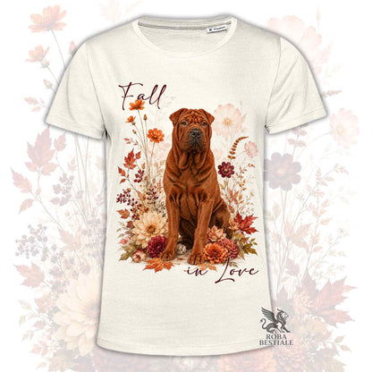 Maglietta bianca con stampa Shar Pei marrone e bouquet autunnale, scritta in love