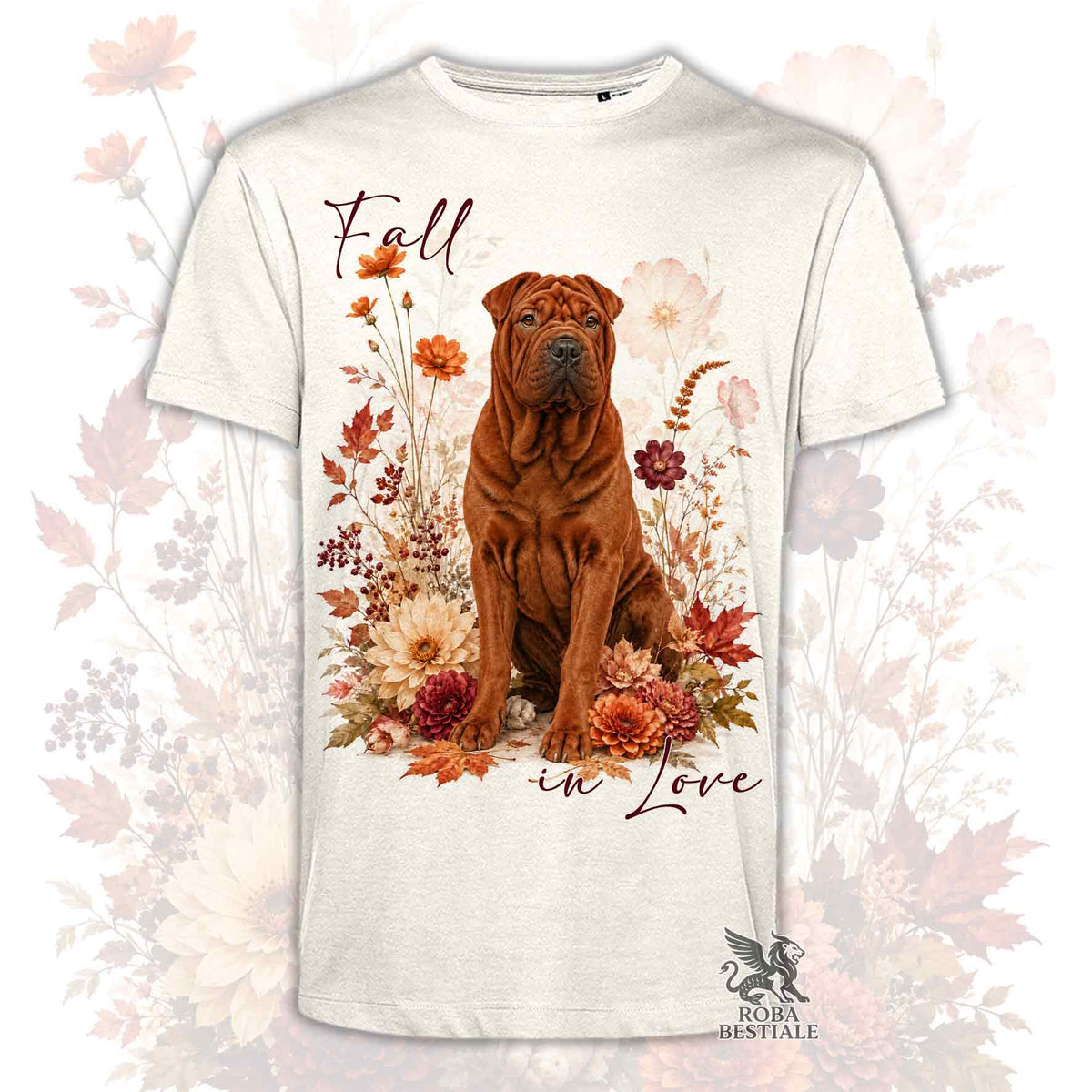 Maglietta bianca con grafica autunnale: Shar Pei marrone e fiori, scritta Fall