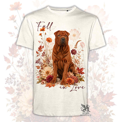 Maglietta bianca con grafica autunnale: Shar Pei marrone e fiori, scritta Fall