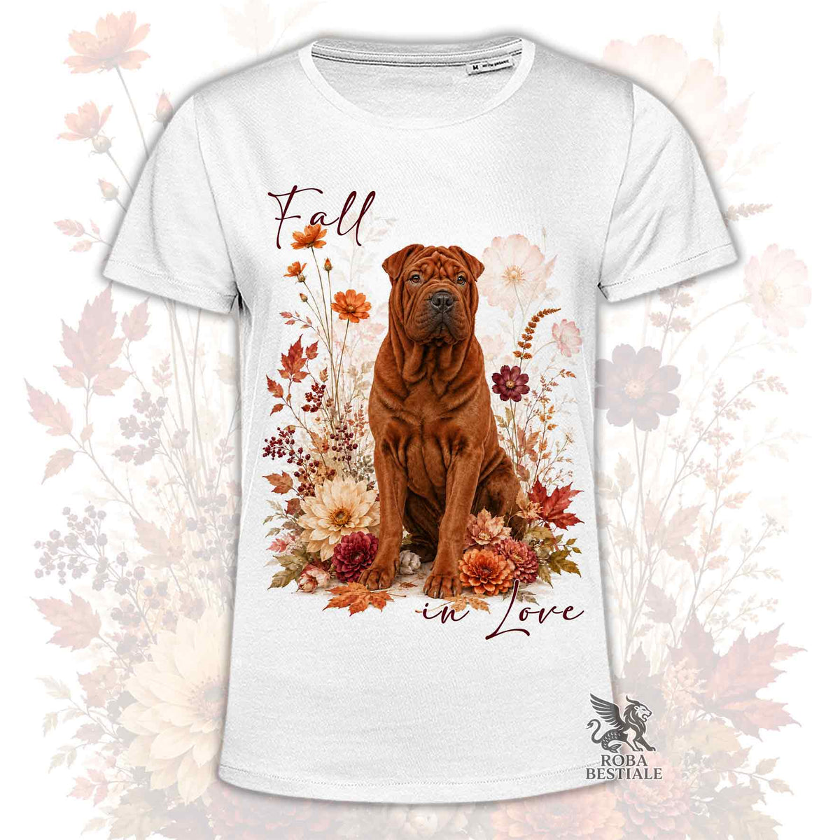 Maglietta bianca con stampa cane Shar Pei marrone, fiori autunnali e scritta Fall