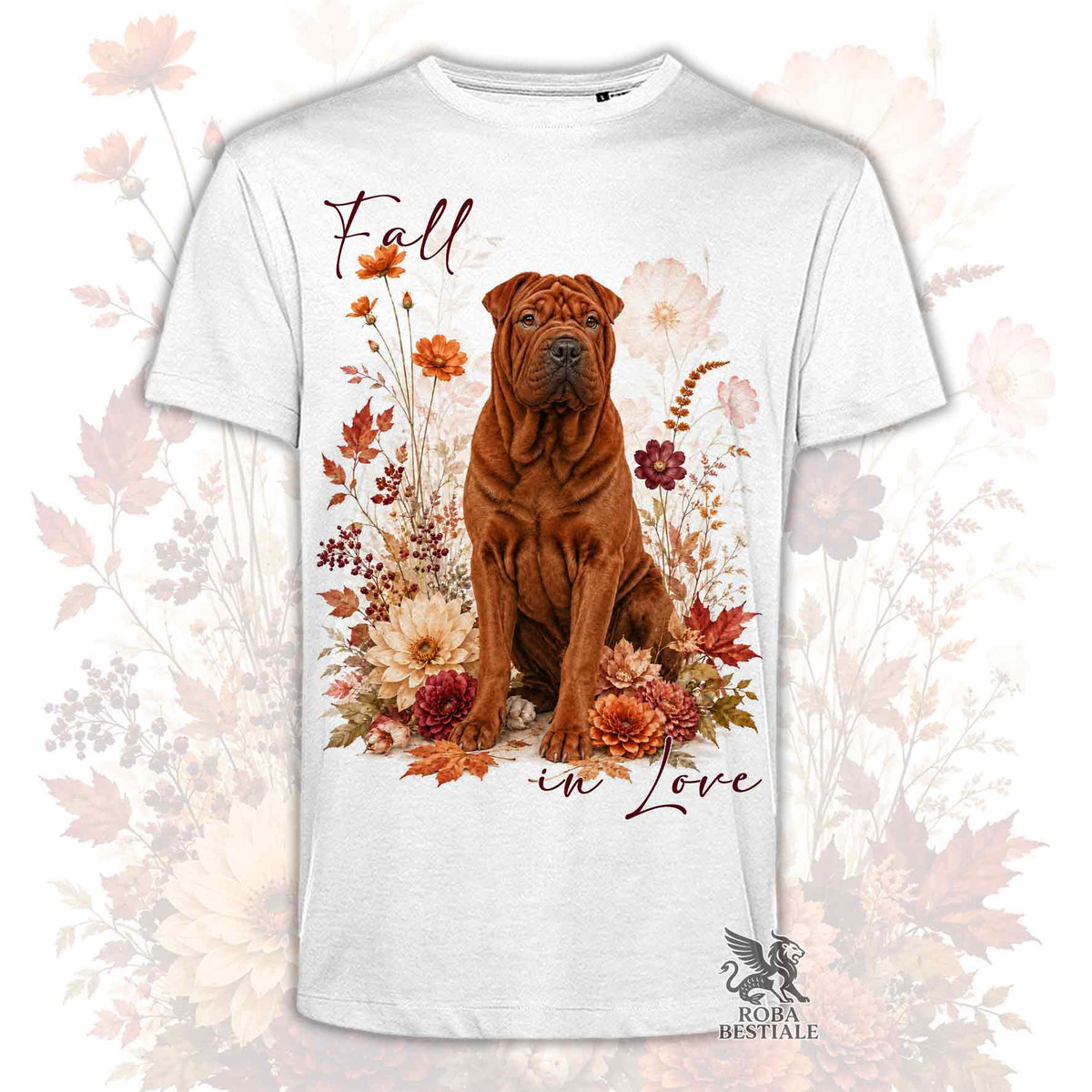 Maglietta bianca con stampa cane Shar Pei marrone seduto tra fiori, Fall in love