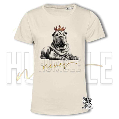 T-shirt beige stampata con uno Shar Pei, grafica Never Humble