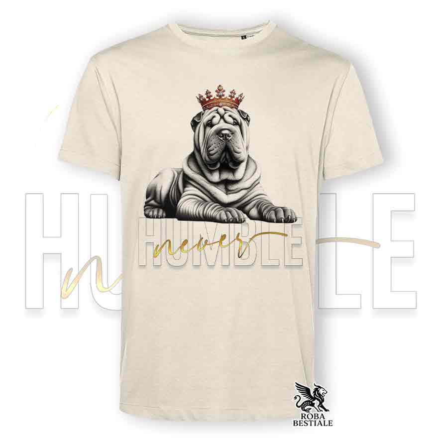 T-shirt beige stampata con uno Shar Pei, grafica Never Humble