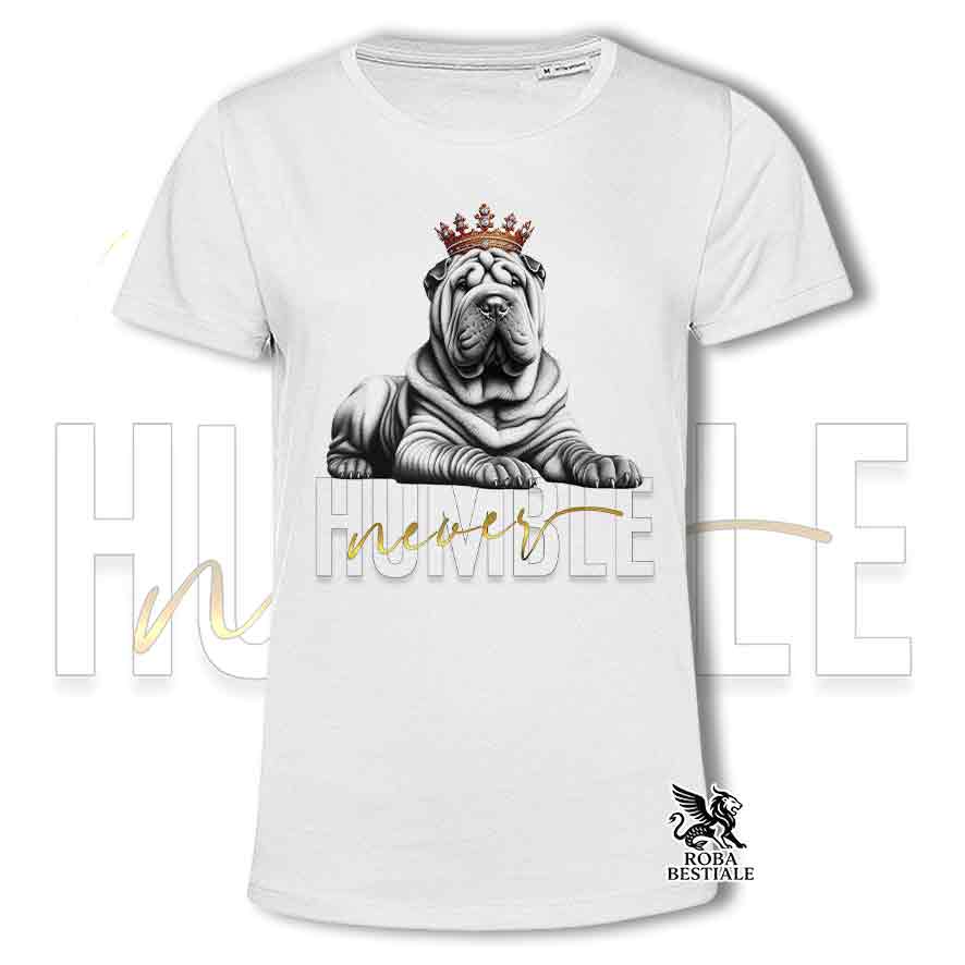 T-shirt bianca stampata con uno Shar Pei, grafica Never Humble