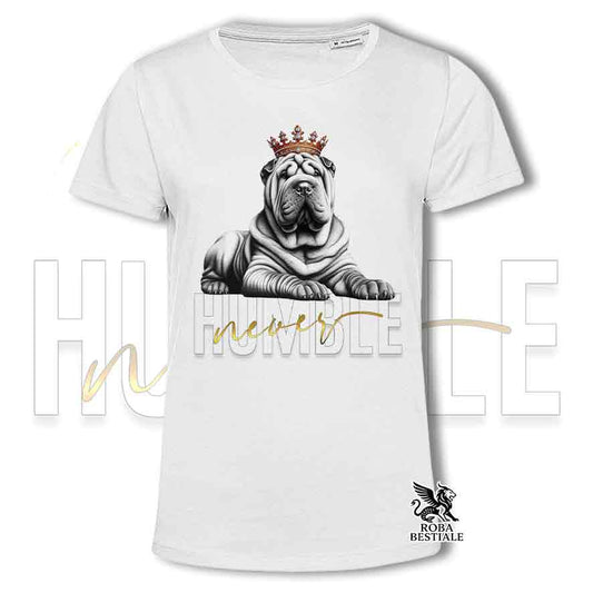 T-shirt bianca stampata con uno Shar Pei, grafica Never Humble