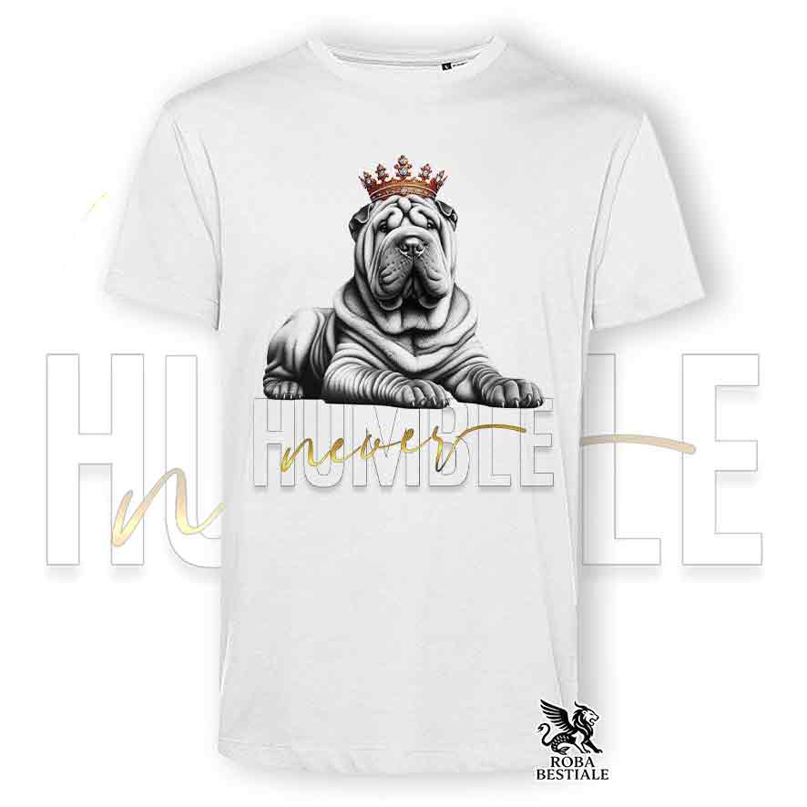 T-shirt bianca stampata con uno Shar Pei, grafica Never Humble