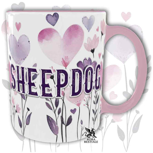 Tazza con dettagli rosa stampata con una grafica dedicata allo Sheepdog, collezione Candy