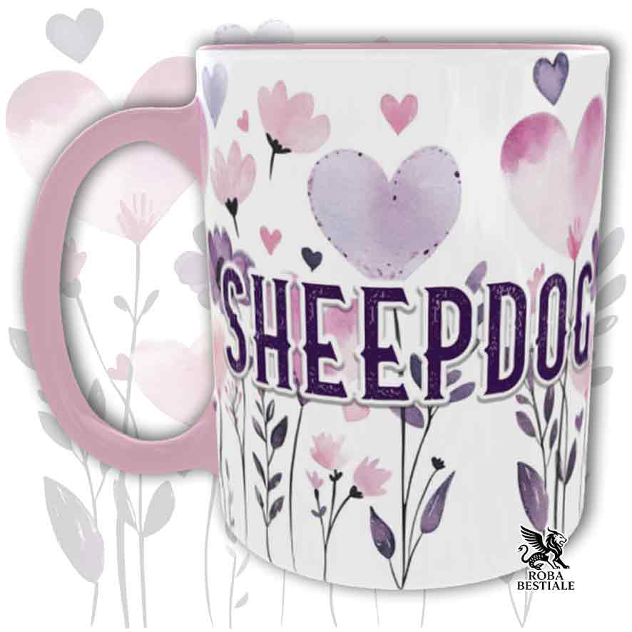 Tazza con dettagli rosa stampata con una grafica dedicata allo Sheepdog, collezione Candy