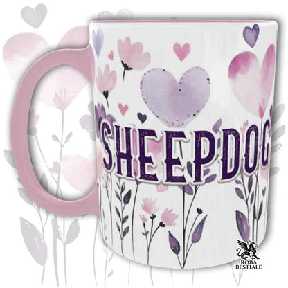Tazza con dettagli rosa stampata con una grafica dedicata allo Sheepdog, collezione Candy