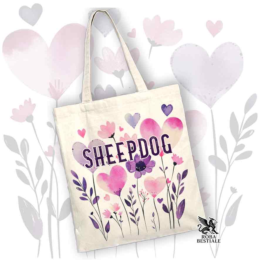 Borsa shopper beige stampata con una grafica dedicata allo Sheepdog, collezione Candy