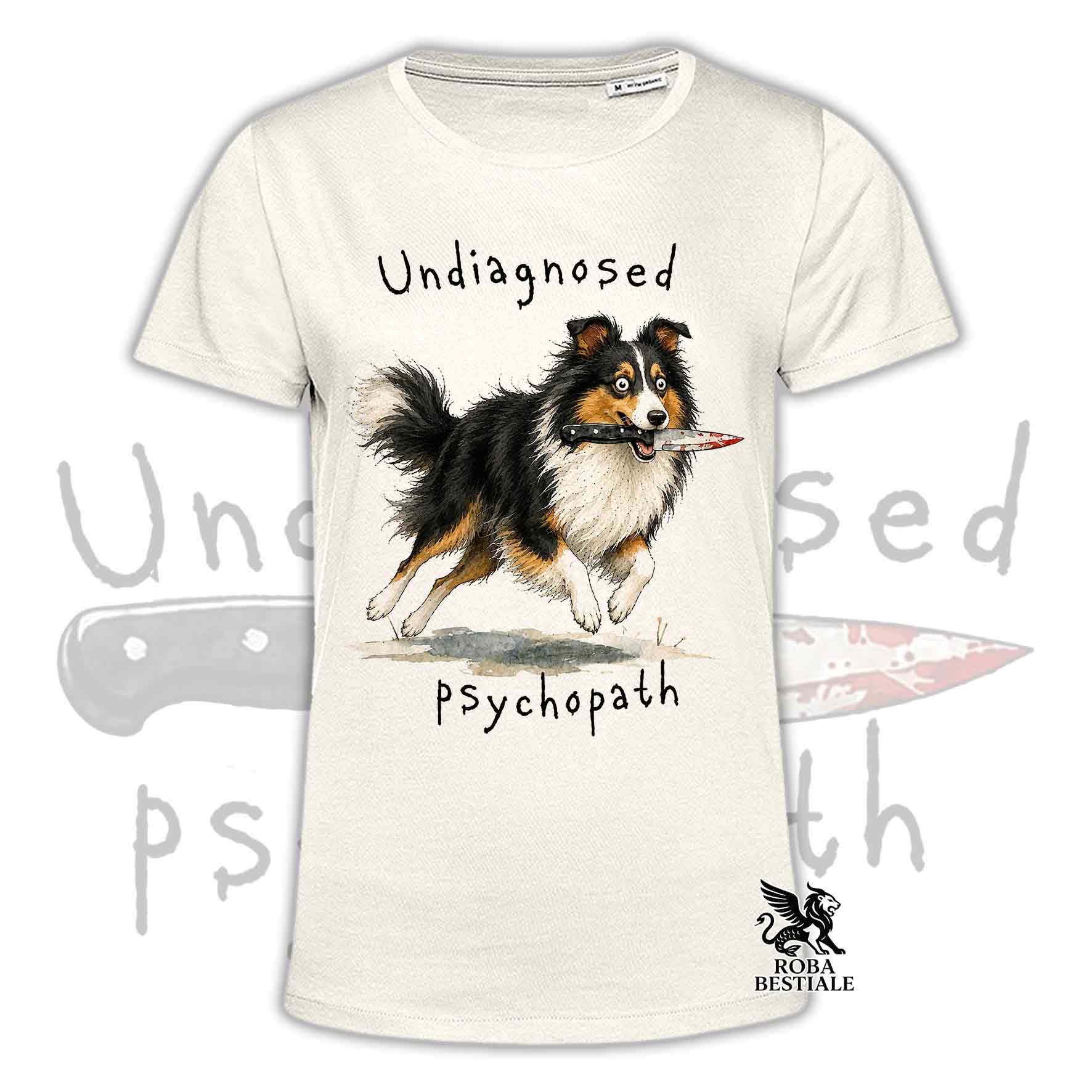 T-shirt beige stampata con uno Shetland Sheepdog che tiene un coltello tra i denti. Grafica originale Roba Bestiale, collezione Psychopath