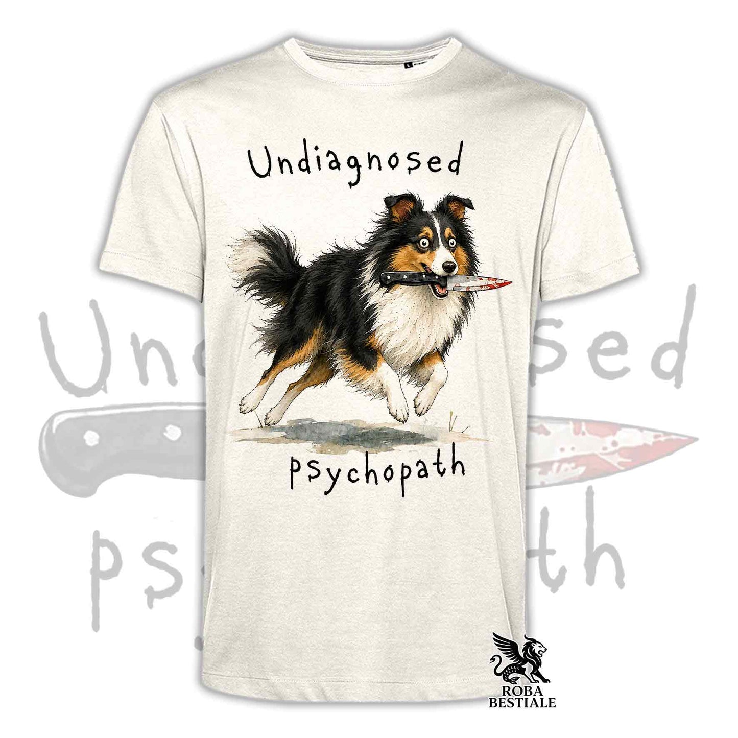 T-shirt beige stampata con uno Shetland Sheepdog che tiene un coltello tra i denti. Grafica originale Roba Bestiale, collezione Psychopath