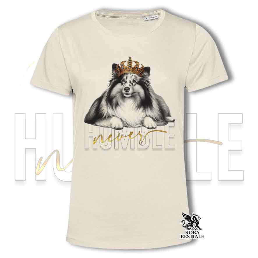 T-shirt beige stampata con uno Shetland Sheepdog, grafica Never Humble