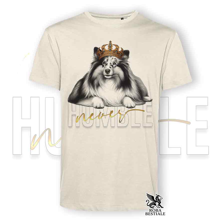 T-shirt beige stampata con uno Shetland Sheepdog, grafica Never Humble