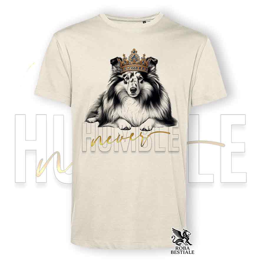 T-shirt beige stampata con uno Shetland Sheepdog, grafica Never Humble