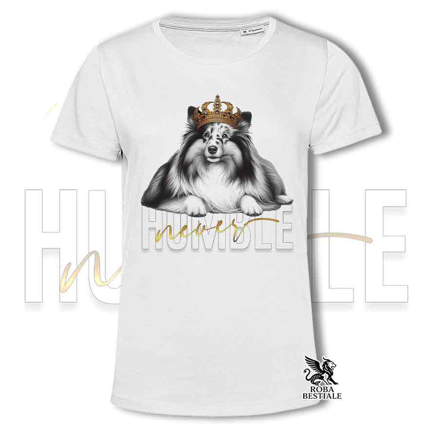 T-shirt bianca stampata con uno Shetland Sheepdog, grafica Never Humble
