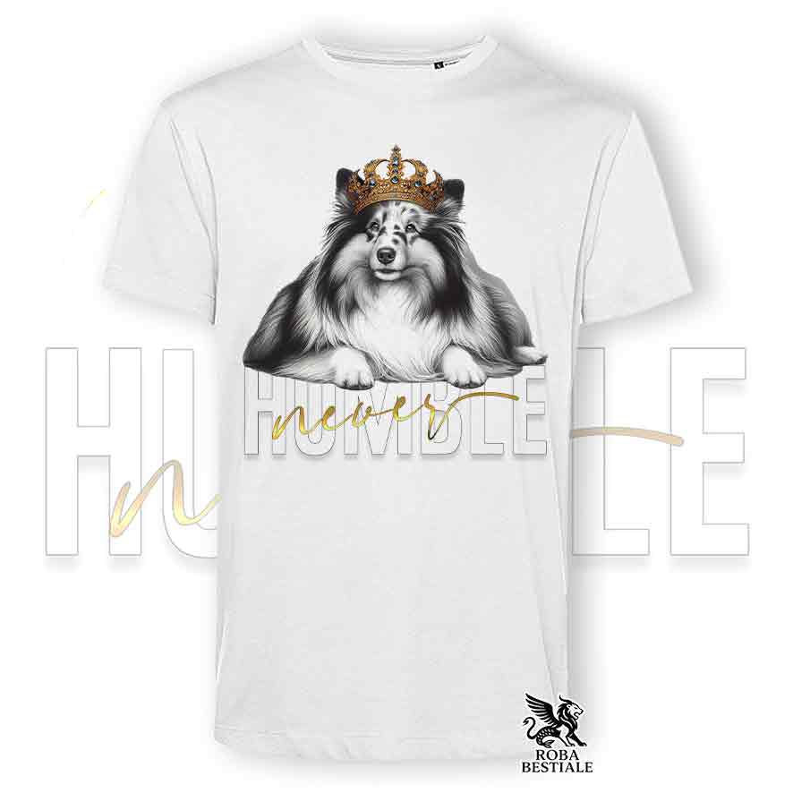 T-shirt bianca stampata con uno Shetland Sheepdog, grafica Never Humble