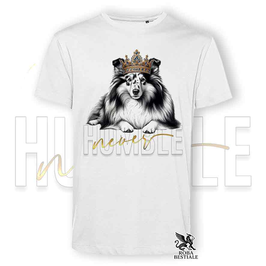 T-shirt bianca stampata con uno Shetland Sheepdog, grafica Never Humble