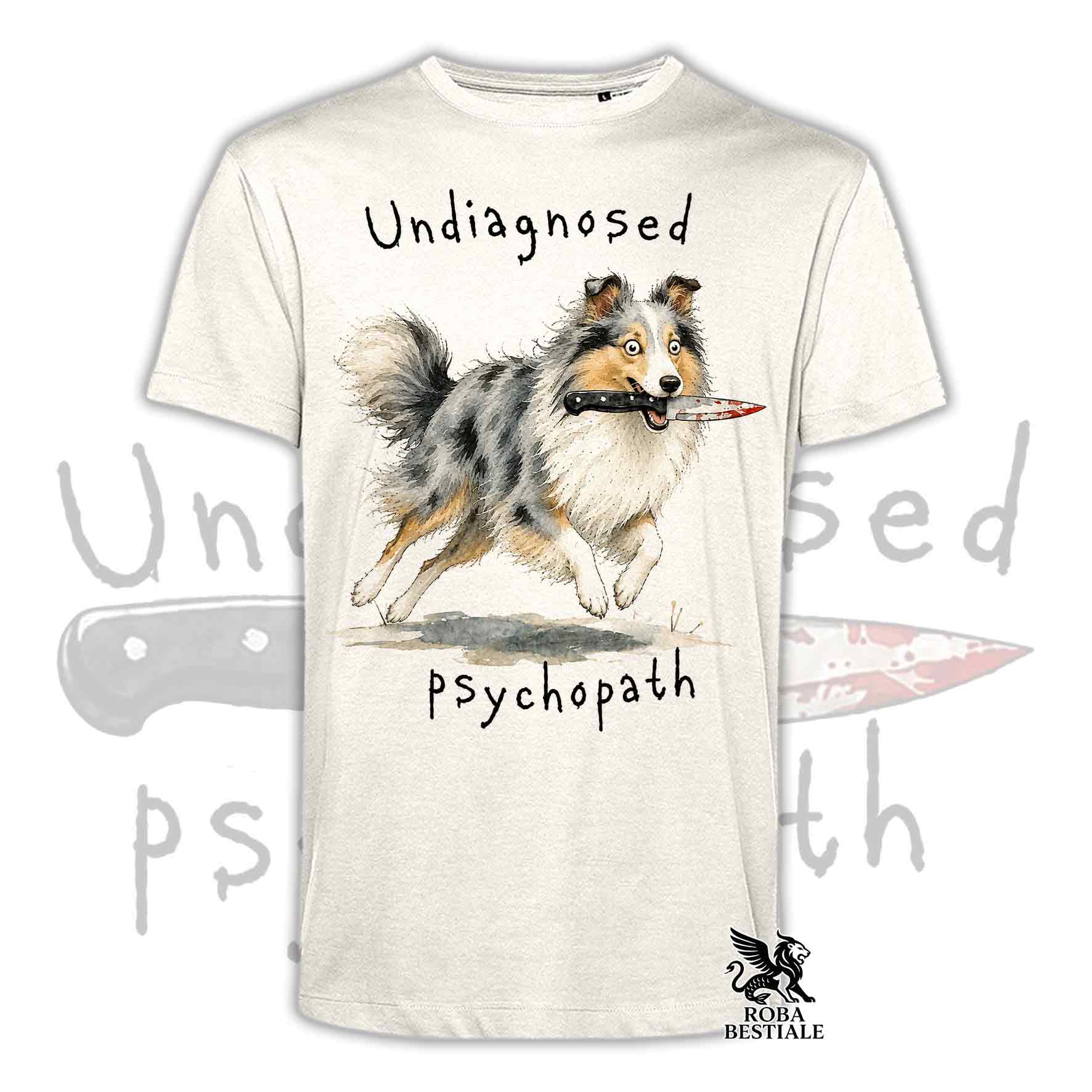 T-shirt beige stampata con uno Shetland Sheepdog che tiene un coltello tra i denti. Grafica originale Roba Bestiale, collezione Psychopath