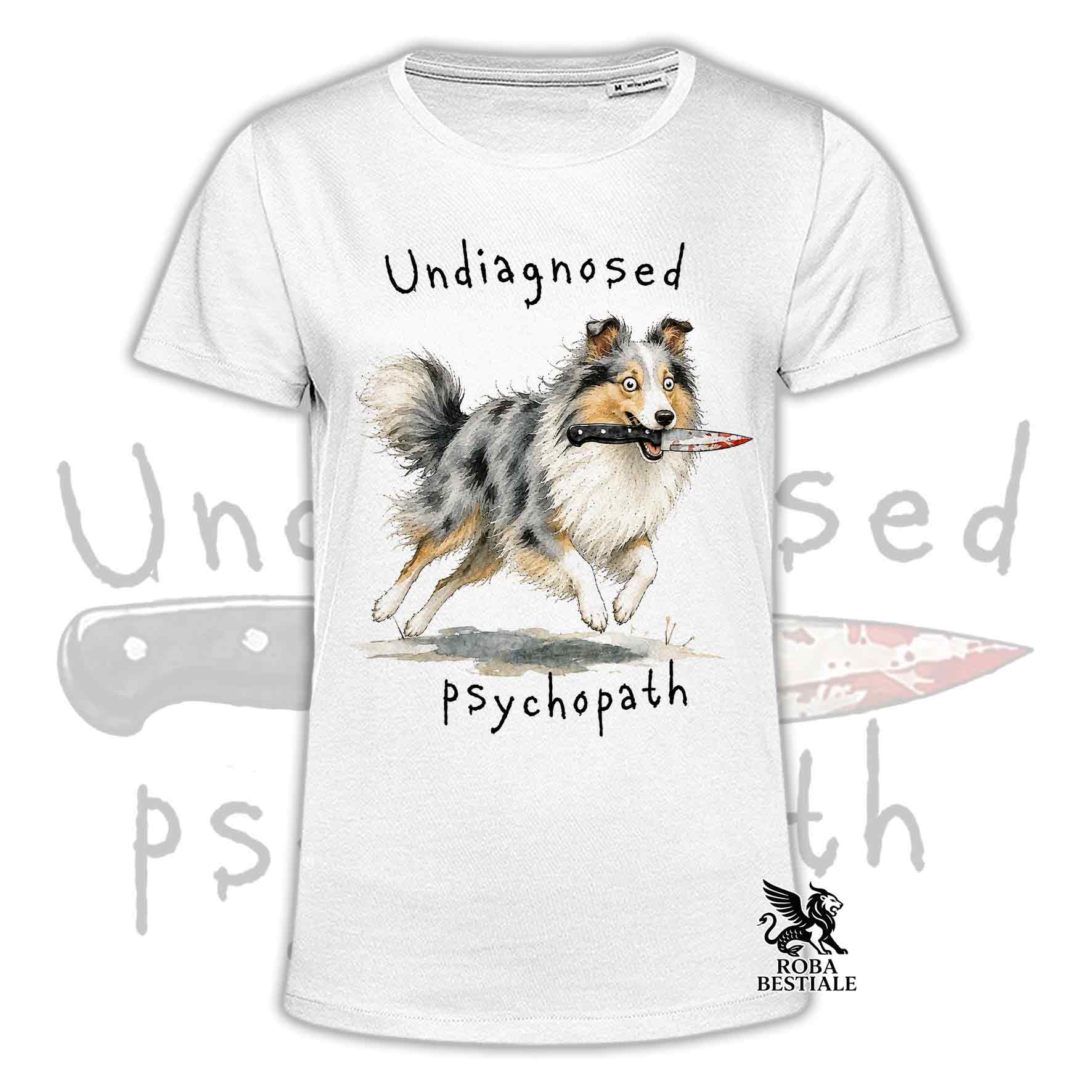 T-shirt bianca stampata con uno Shetland Sheepdog che tiene un coltello tra i denti. Grafica originale Roba Bestiale, collezione Psychopath