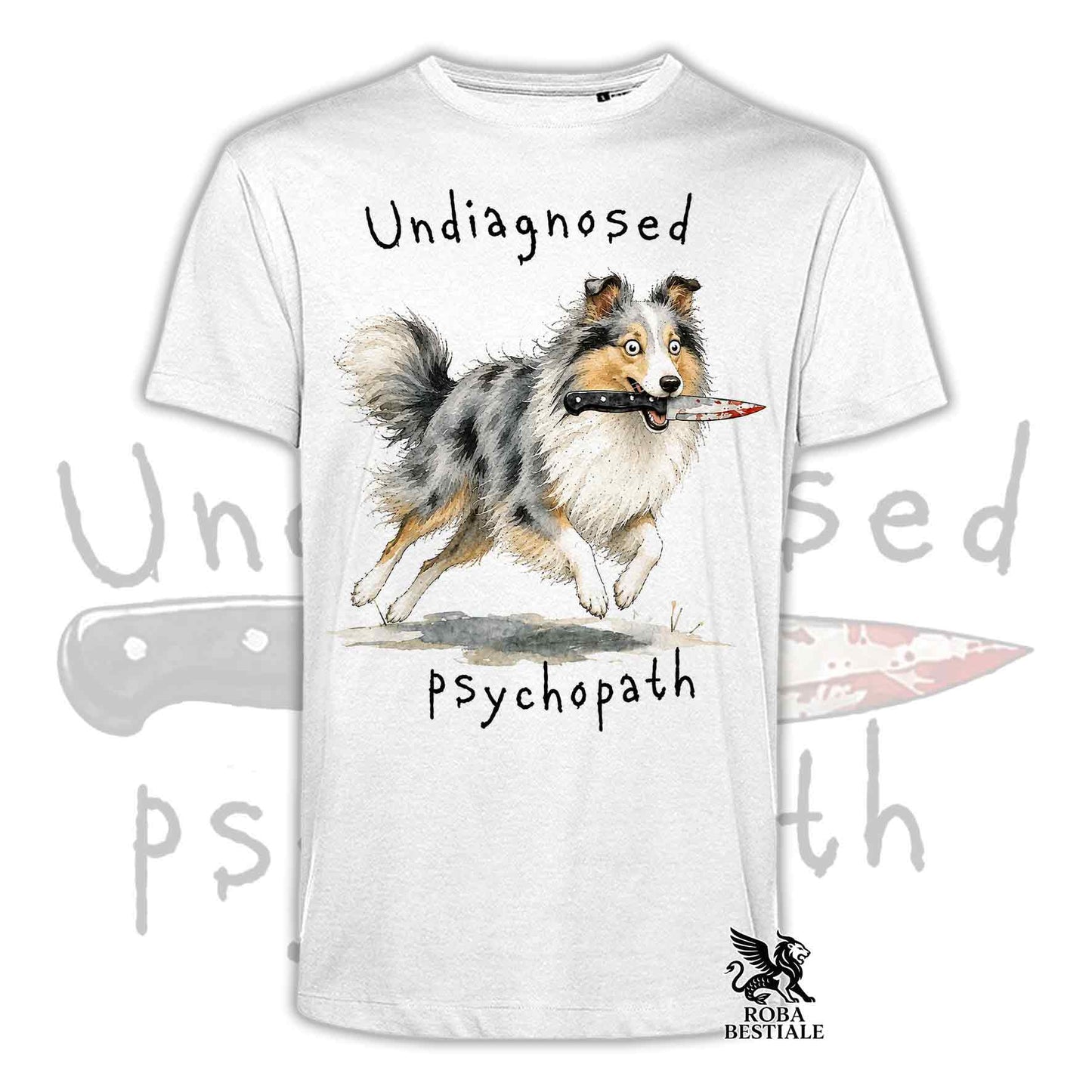 T-shirt bianca stampata con uno Shetland Sheepdog che tiene un coltello tra i denti. Grafica originale Roba Bestiale, collezione Psychopath