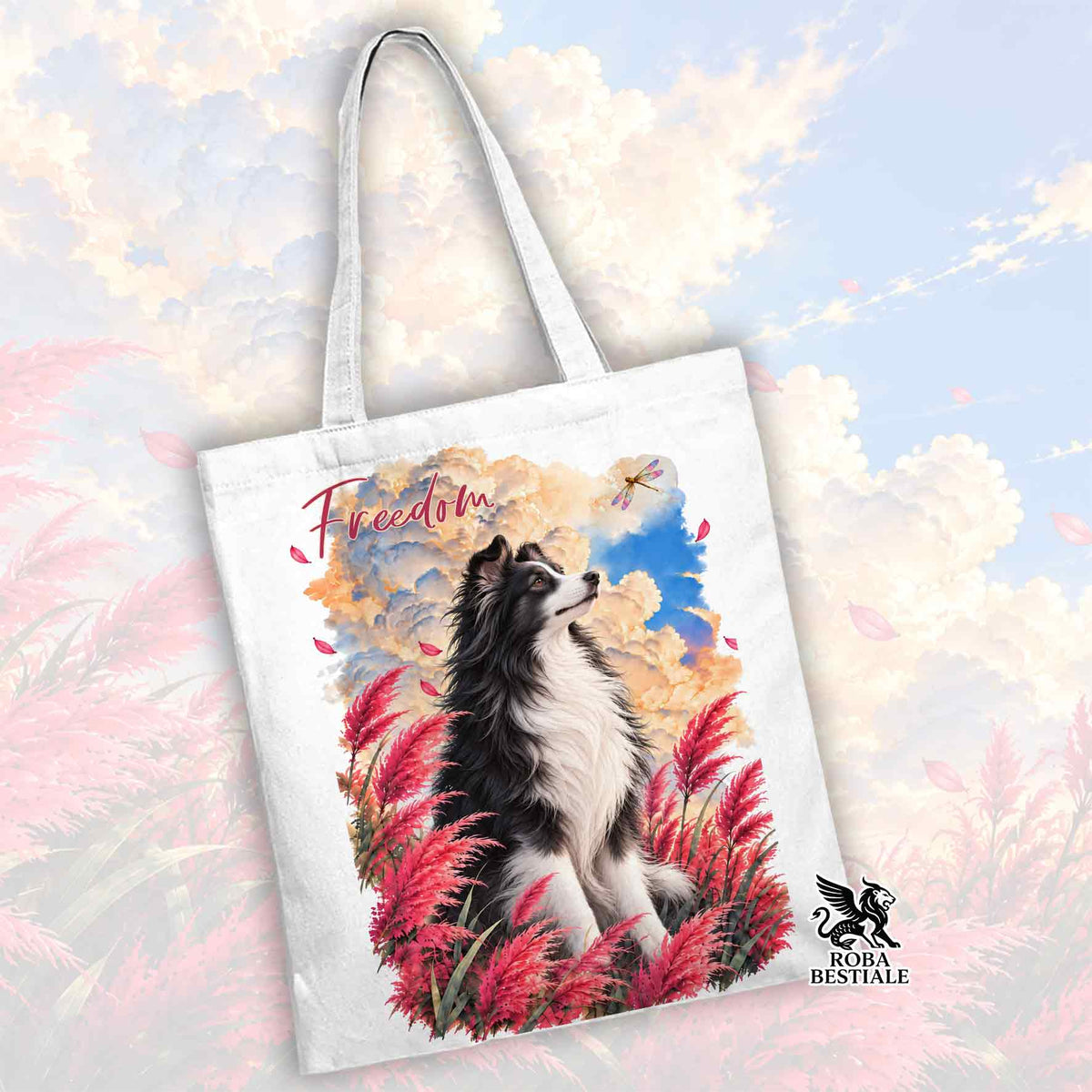 Borsa shopper bianca con stampa di un cane pastore delle Shetland tra erbe rosse e scritta Freedom