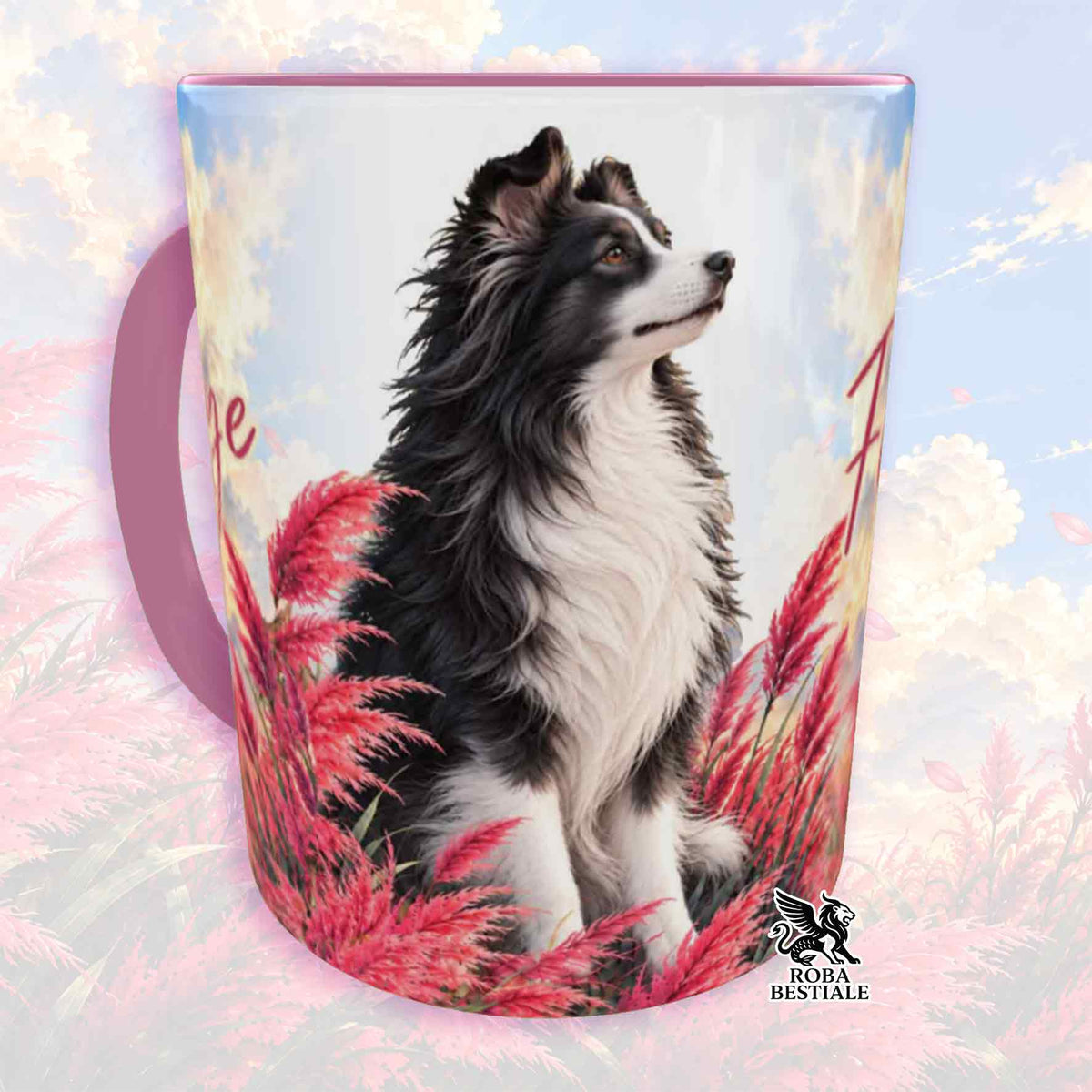 Tazza con manico rosa, decorata con un cane bianco e nero tra erbe rosa.
