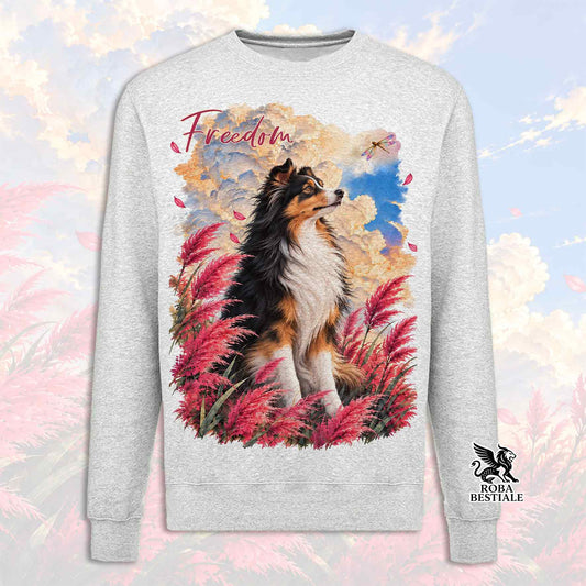 Felpa girocollo grigio chiaro con stampa cane e piume multicolori