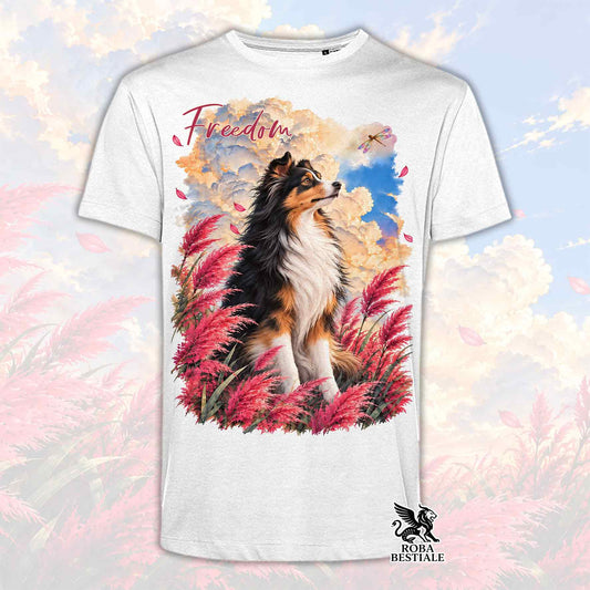 T-shirt bianca con stampa cane collie e scritta Freedom, logo ROBA BESTIALE