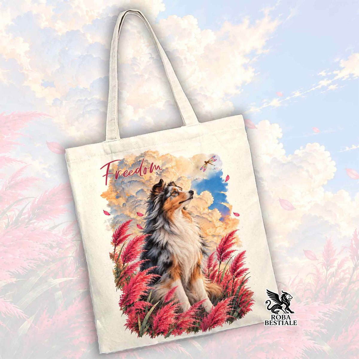 Tote bianca in tela con stampa cane multicolore e logo Róba Bestiale