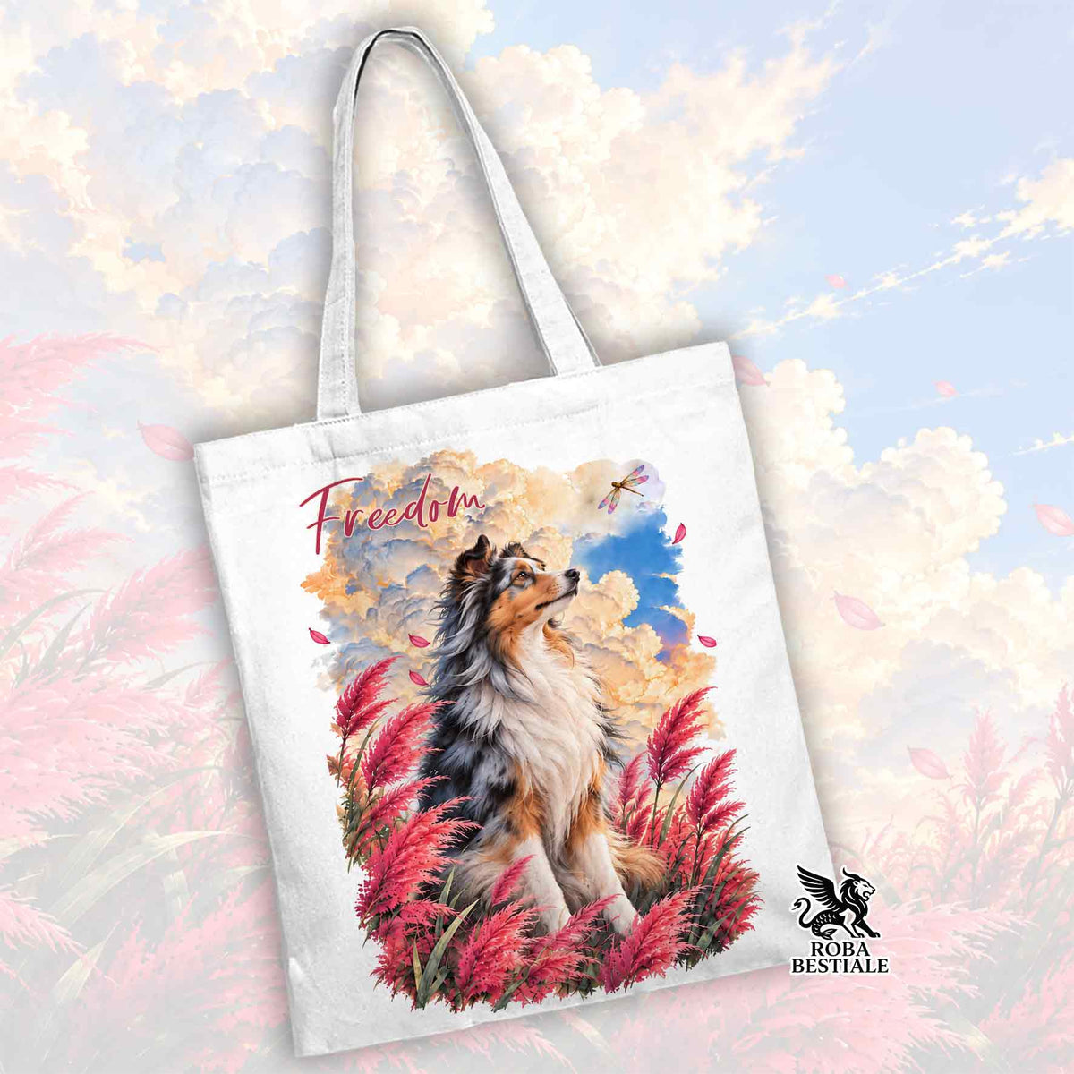 Borsa tote bianca con stampa cane e scritta Freedom, manici lunghi