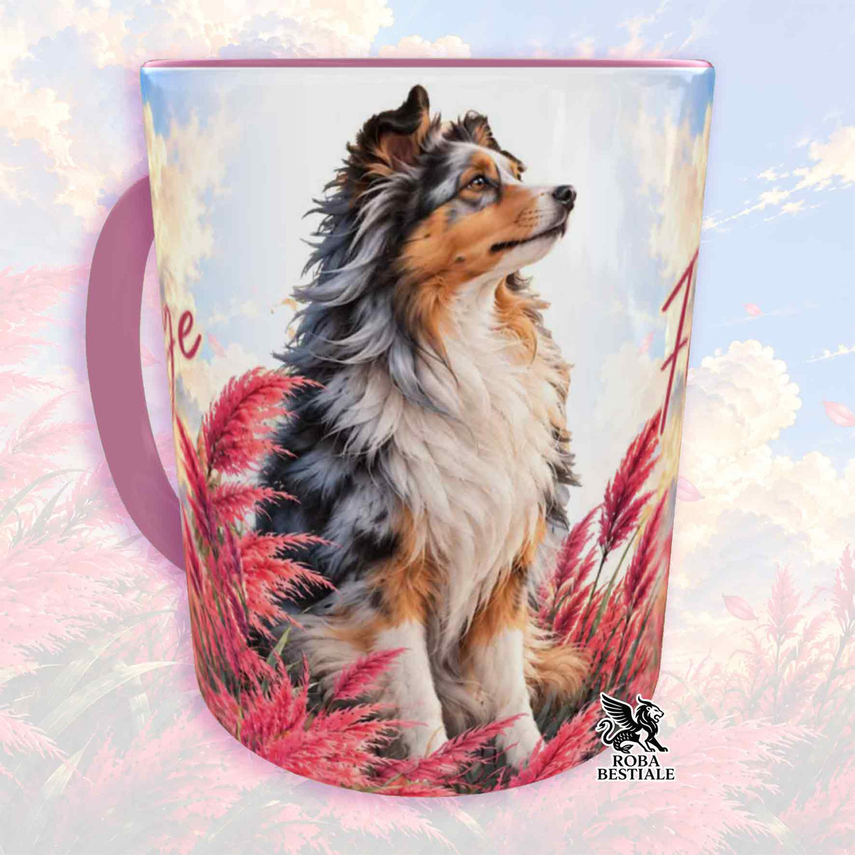 Tazza con cane pastore blue merle di profilo, fiori rossi, manico nero, ROBA BESTIALE