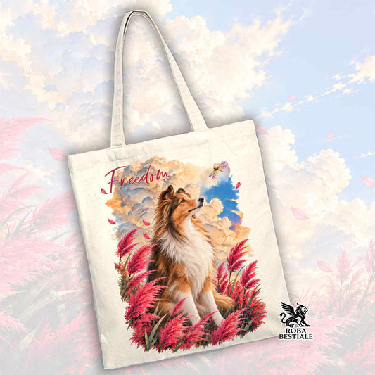 Borsa tote bianca in tela con stampa cane tra piume rosse e logo sul lato inferiore