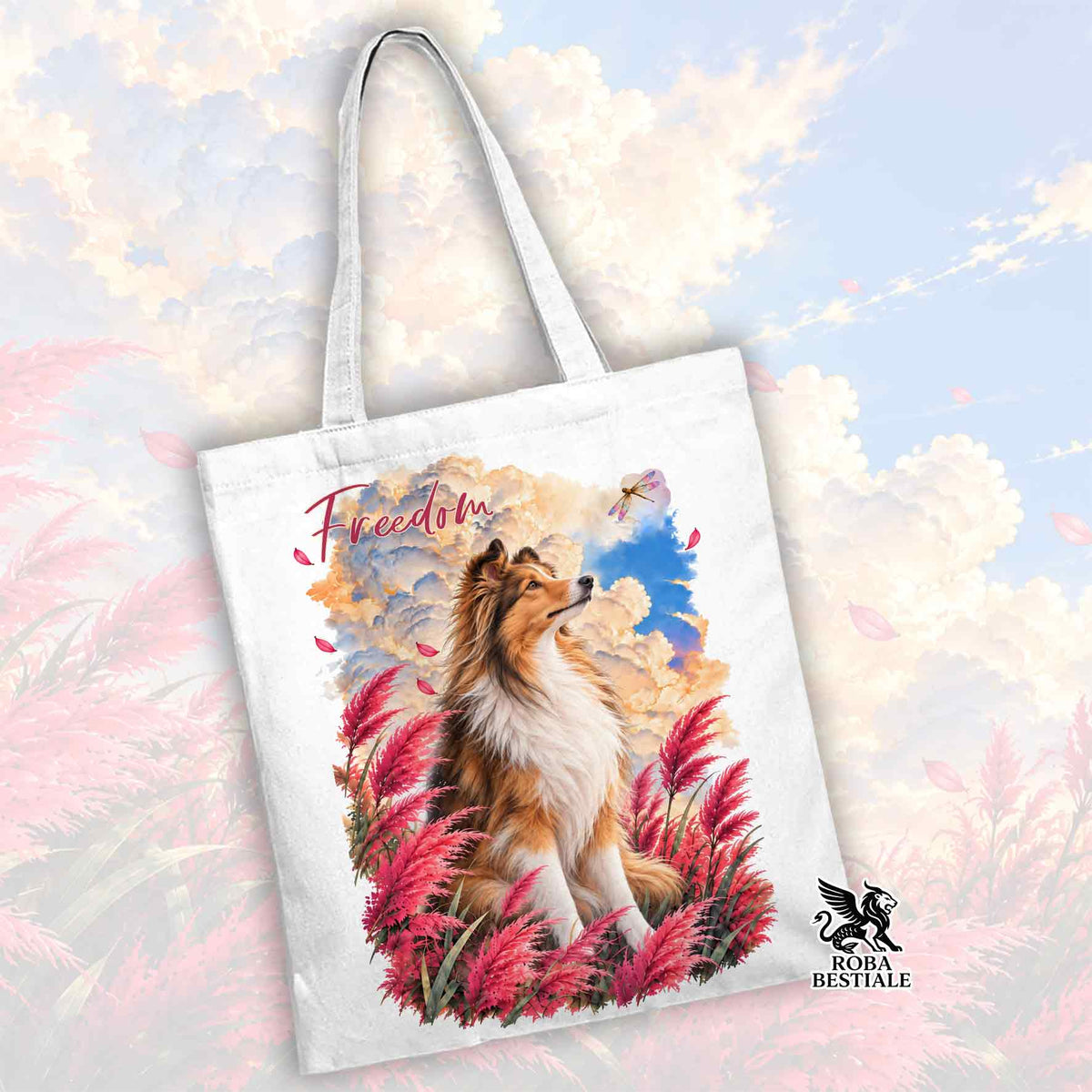 Borsa tote in tela bianca con illustrazione di cane e scritta “Freedom” colorata