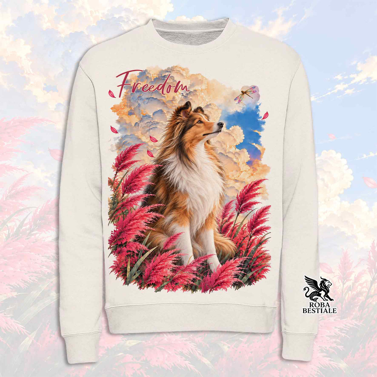 Felpa girocollo bianca con stampa cane, piume multicolore, scritta Freedom e patch Roba Bestiale