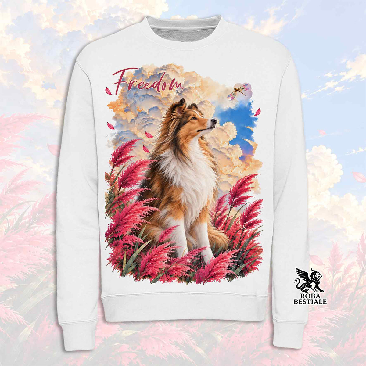 Felpa girocollo bianca con cane stilizzato e piume rosse, blu, scritta Freedom, Roba Bestiale
