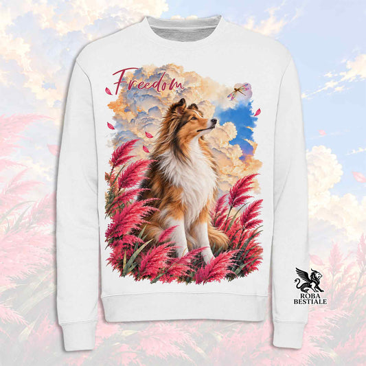 Felpa girocollo bianca con cane stilizzato e piume rosse, blu, scritta Freedom, Roba Bestiale