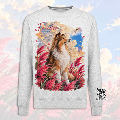 Felpa girocollo grigio chiaro con stampa cane, piume multicolore, scritta Freedom e Roba Bestiale