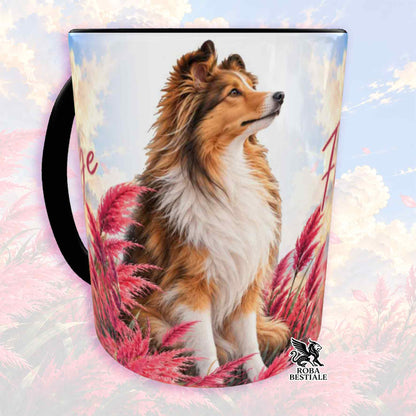Tazza con stampa di cane Shetland e fiori rosa, manico nero