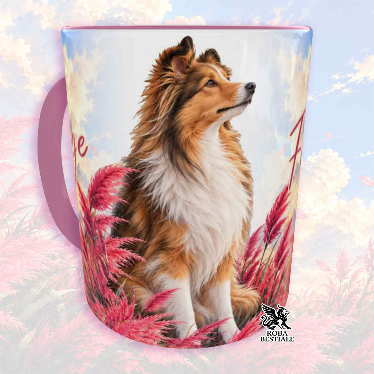 Tazza con stampa di cane Shetland e fiori rosa, manico color lilla