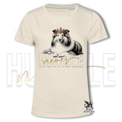 T-shirt beige stampata con uno Shetland Sheepdog, grafica Never Humble