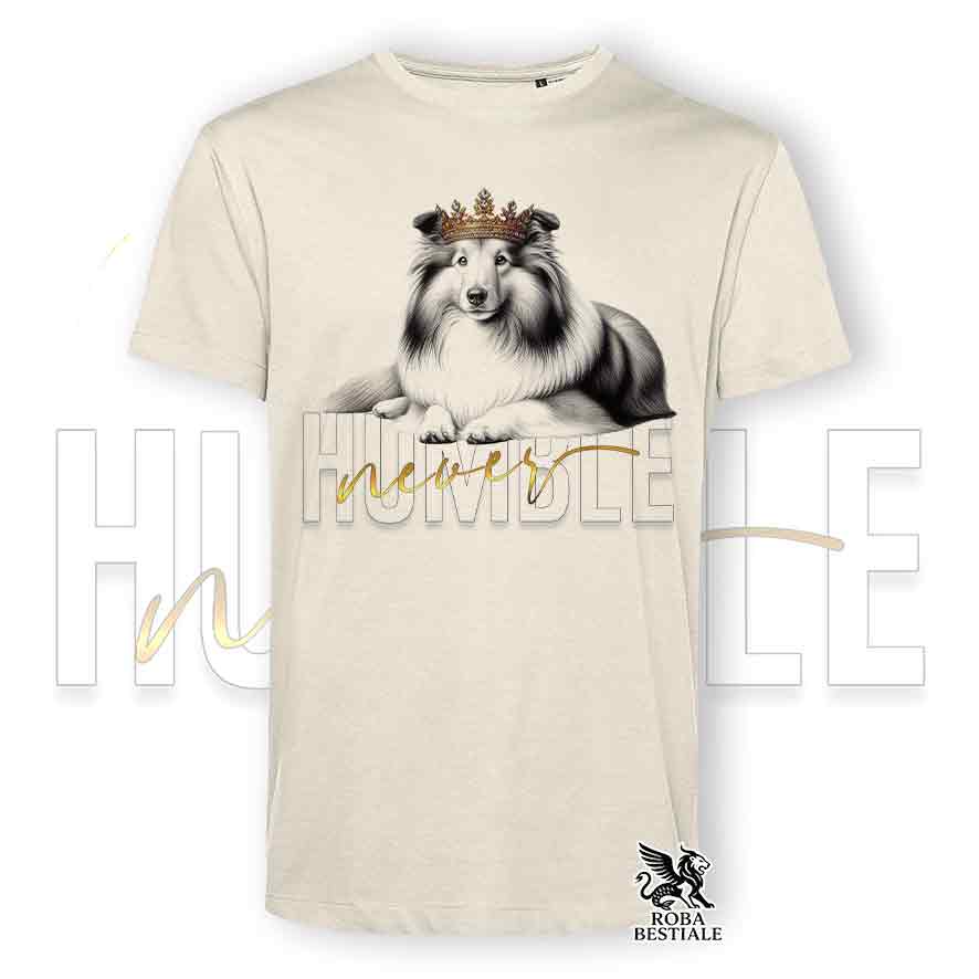 T-shirt beige stampata con uno Shetland Sheepdog, grafica Never Humble