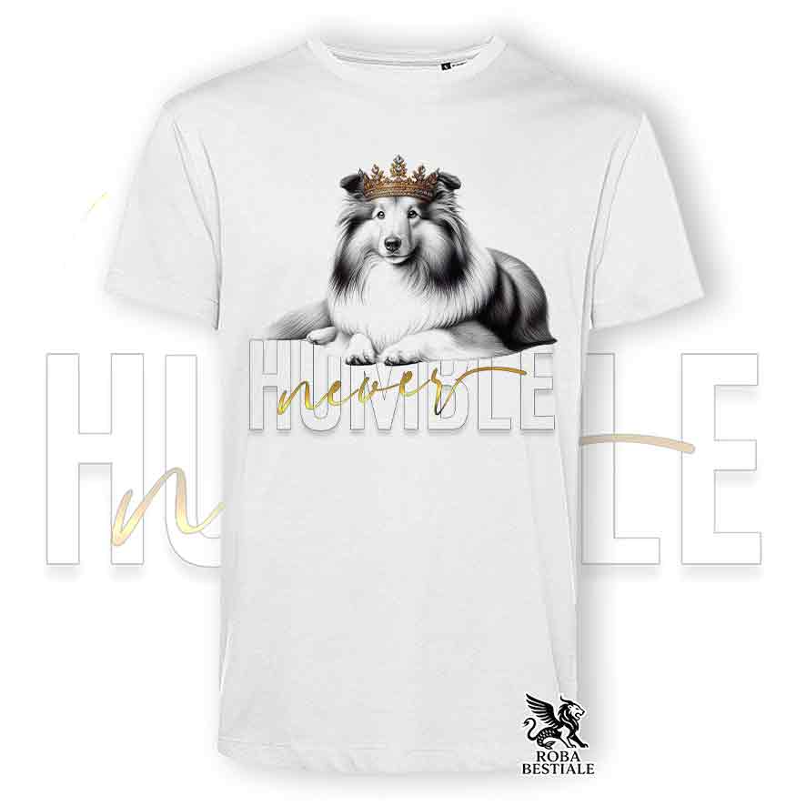 T-shirt bianca stampata con uno Shetland Sheepdog, grafica Never Humble