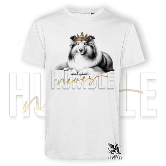 T-shirt bianca stampata con uno Shetland Sheepdog, grafica Never Humble