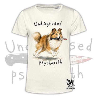 T-shirt beige stampata con uno Shetland Sheepdog che tiene un coltello tra i denti. Grafica originale Roba Bestiale, collezione Psychopath