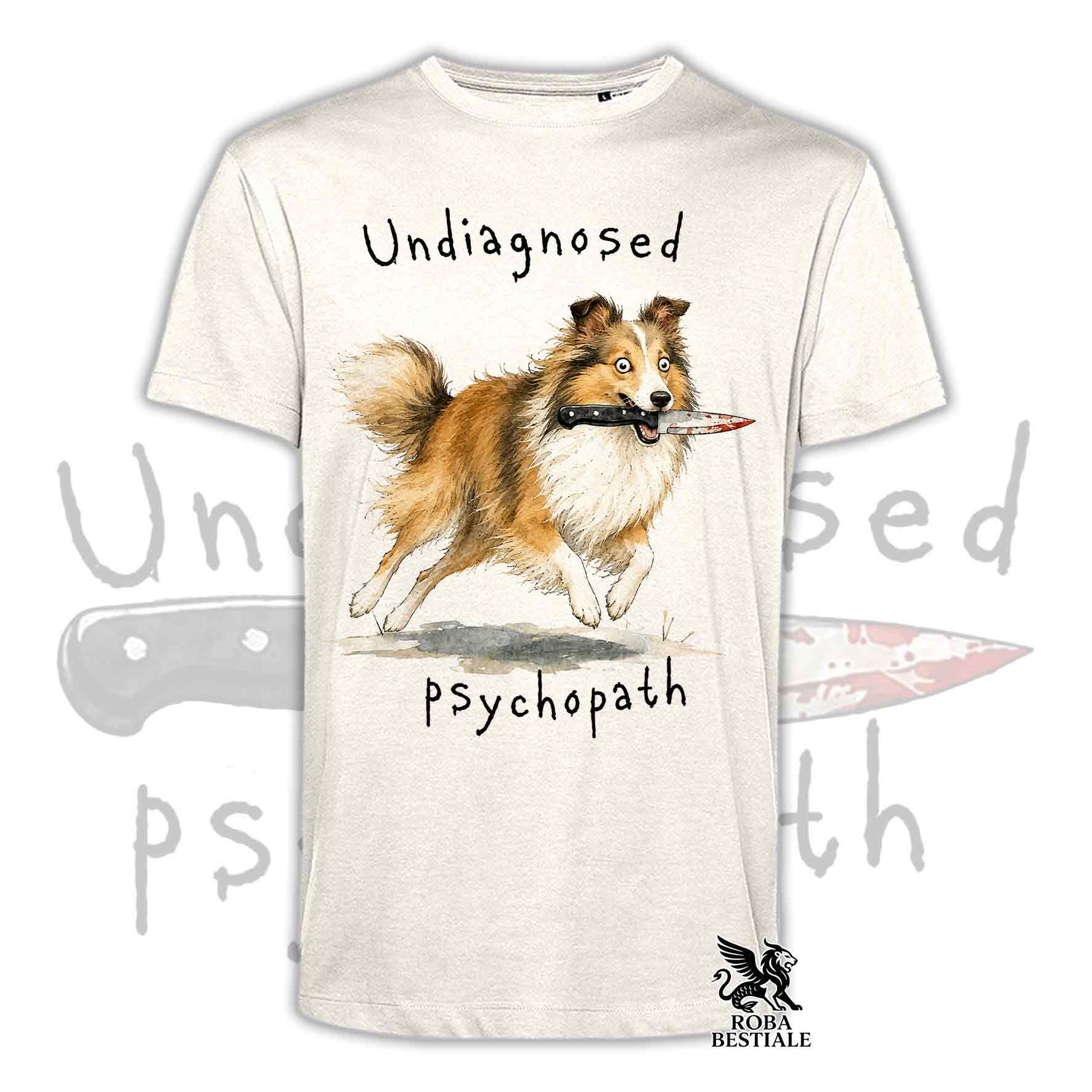 T-shirt beige stampata con uno Shetland Sheepdog che tiene un coltello tra i denti. Grafica originale Roba Bestiale, collezione Psychopath