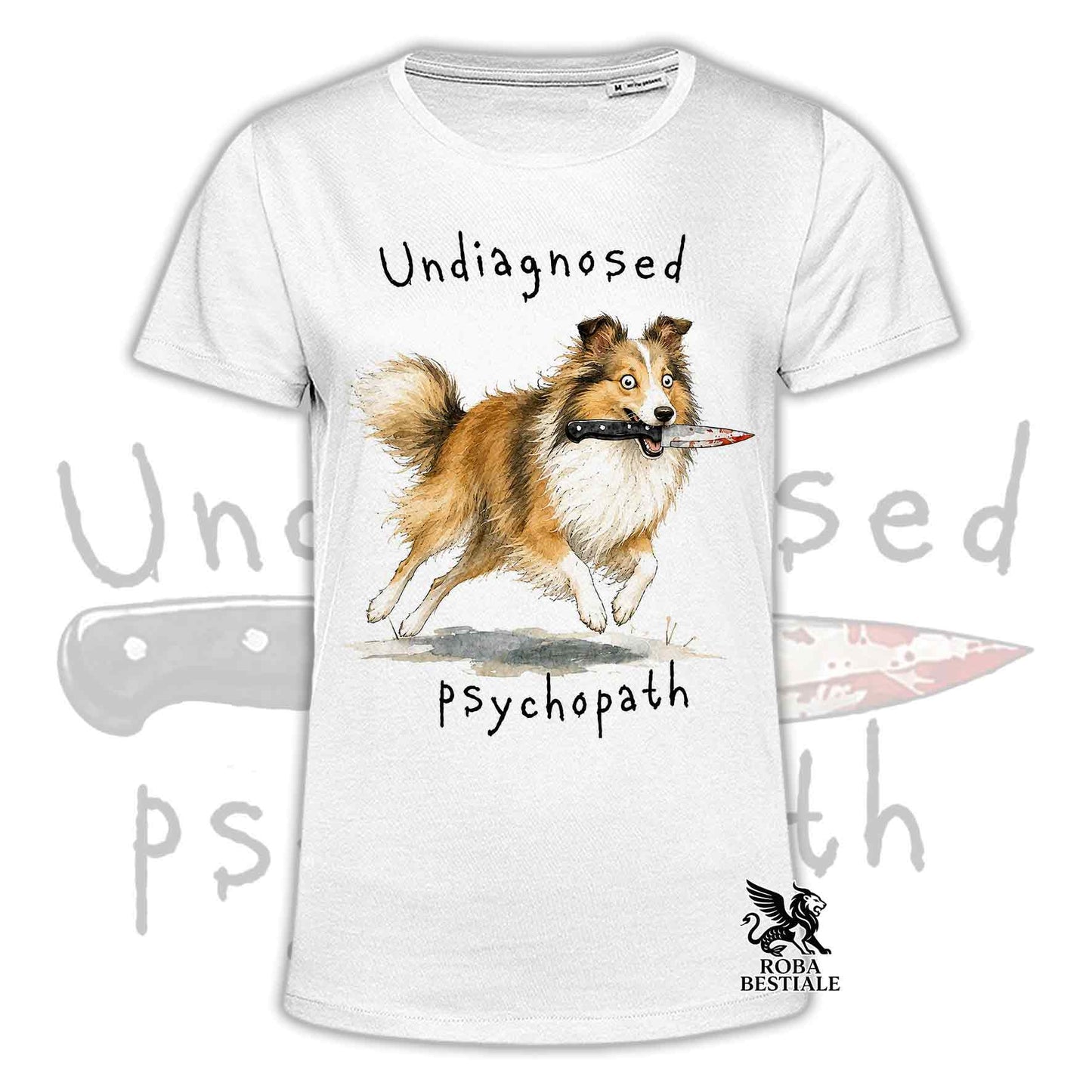T-shirt bianca stampata con uno Shetland Sheepdog che tiene un coltello tra i denti. Grafica originale Roba Bestiale, collezione Psychopath