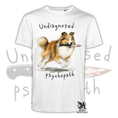 T-shirt bianca stampata con uno Shetland Sheepdog che tiene un coltello tra i denti. Grafica originale Roba Bestiale, collezione Psychopath