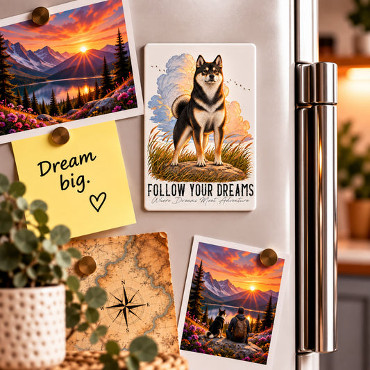 Calamite rettangolari con Shiba e paesaggi, testo “Follow your dreams”